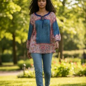 Anthropologie Blue and Pink Tunic Top 100 silk